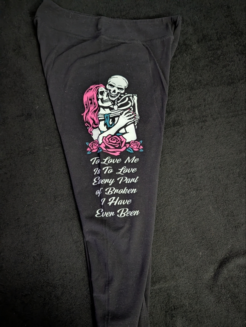 Black Graphic Leggings with Pink Skeleton Design